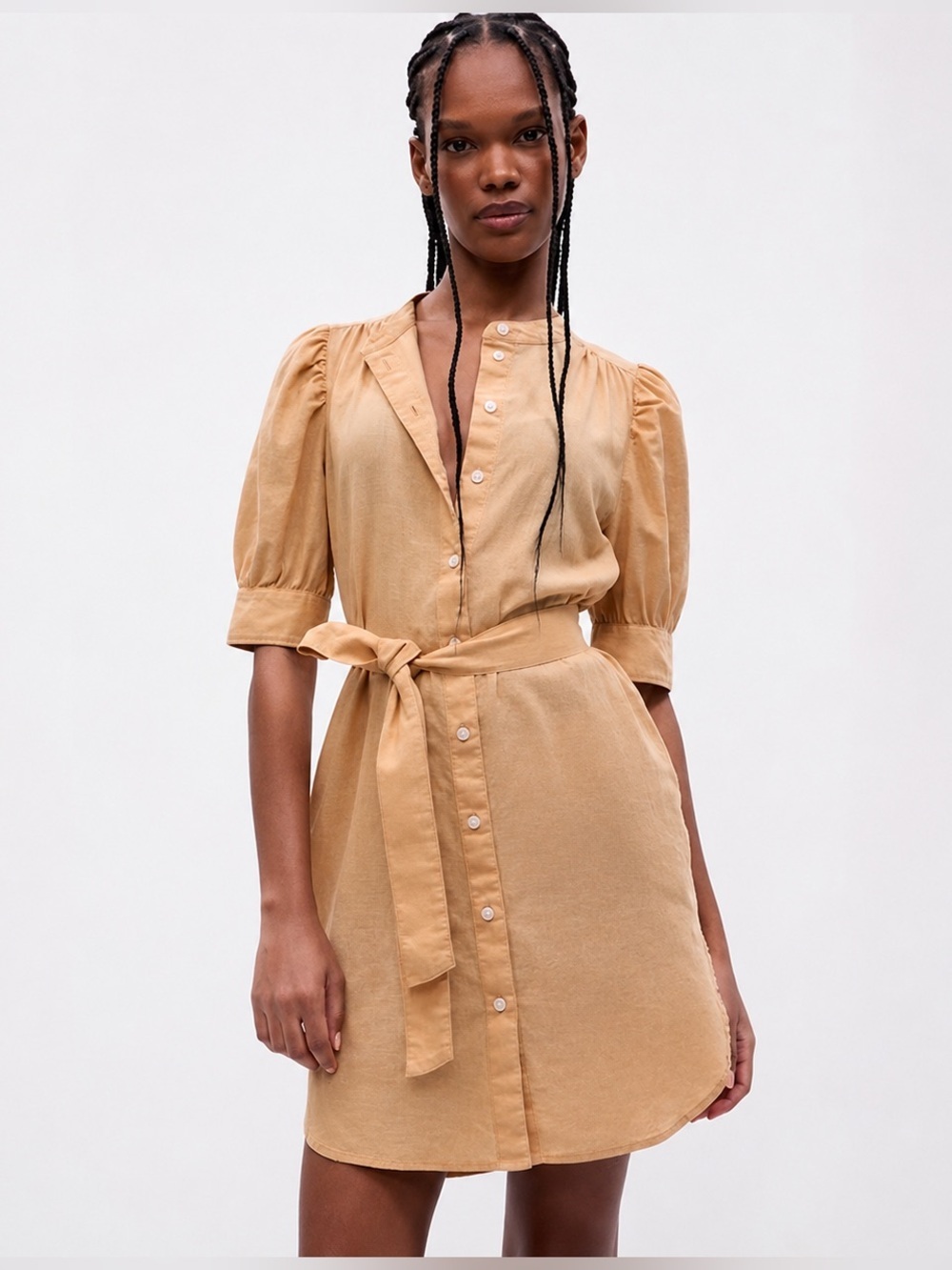 GAP Tan Linen-Cotton Blend Puff Sleeve Dress